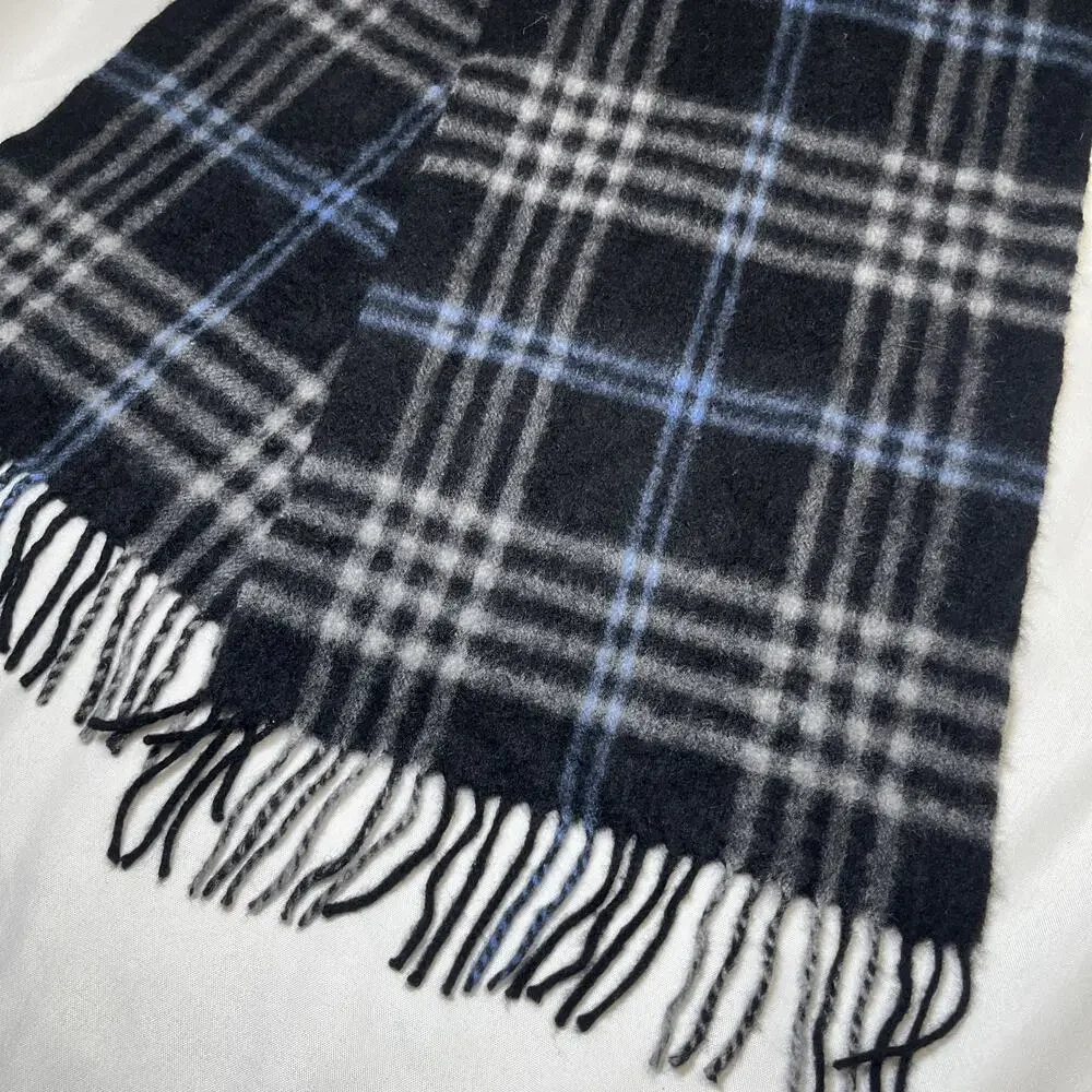 Geoffrey Beenne 100% Cashmere Scarf Black Gray Blue Plaid Fringe 48